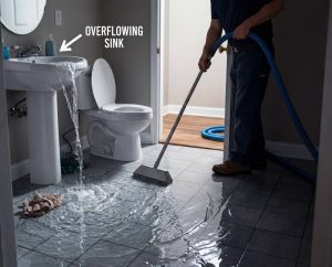 Bathroom water damage cleanup after sink overflow with extraction equipment