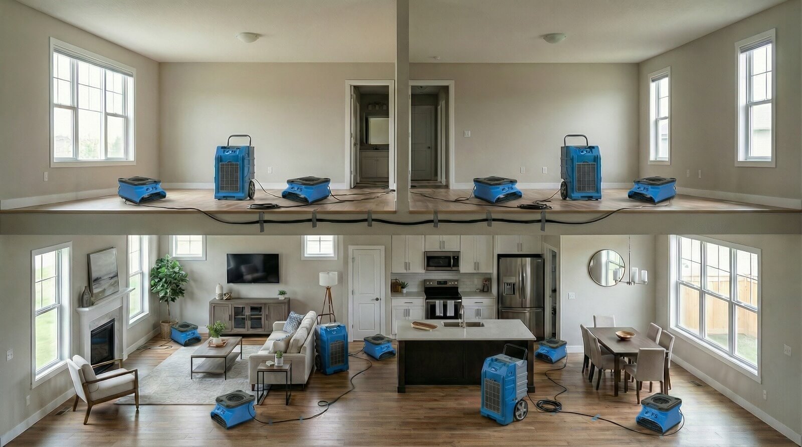 Before and after view of a home undergoing water damage drying with dehumidifiers placed throughout