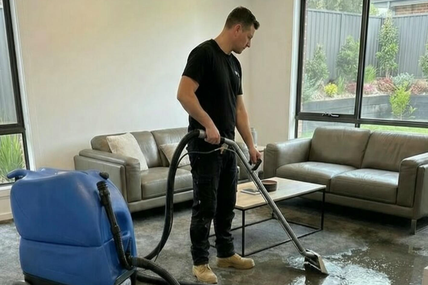 Wet carpet cleaning and extraction process inside a living room with flooring affected by water