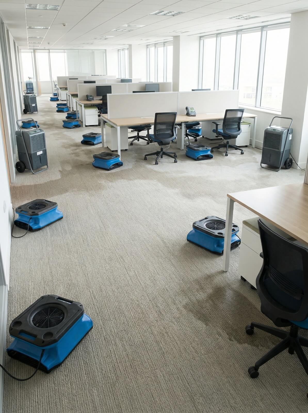 Commercial office space undergoing water damage drying with industrial dehumidifiers