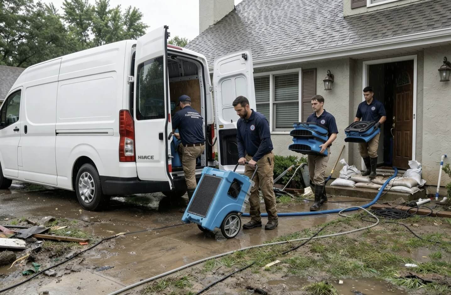 Flood damage crew carrying water extraction equipment at a flooded residential property