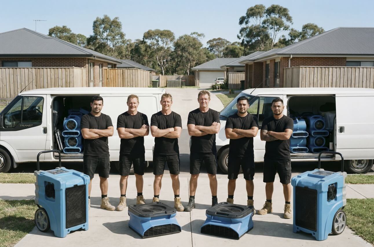 Professional flood restoration team with service vehicles and drying equipment