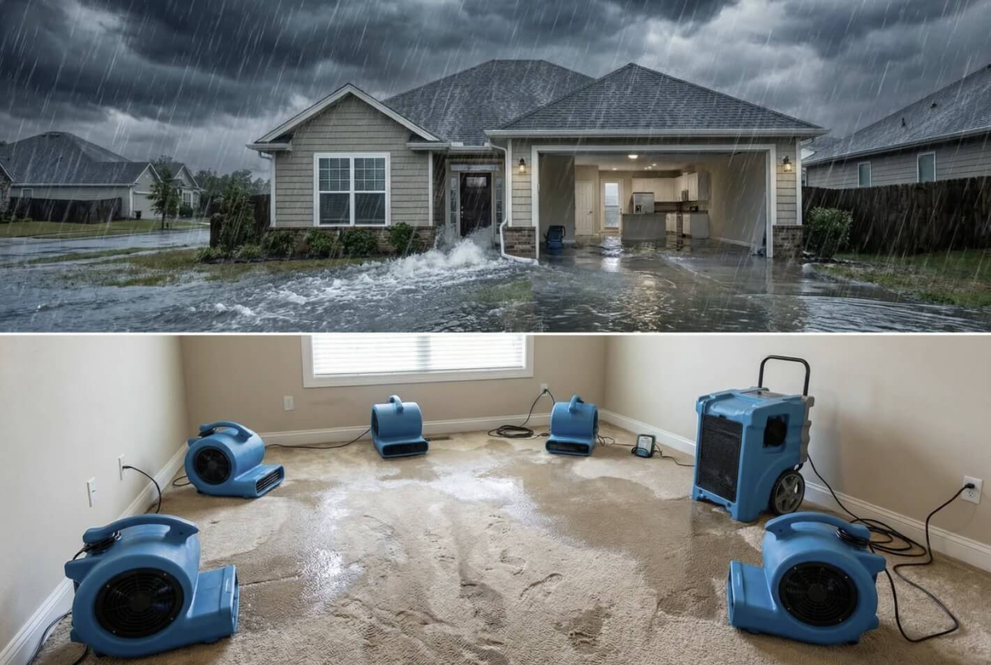 House flooding comparison showing exterior floodwater and interior drying equipment setup