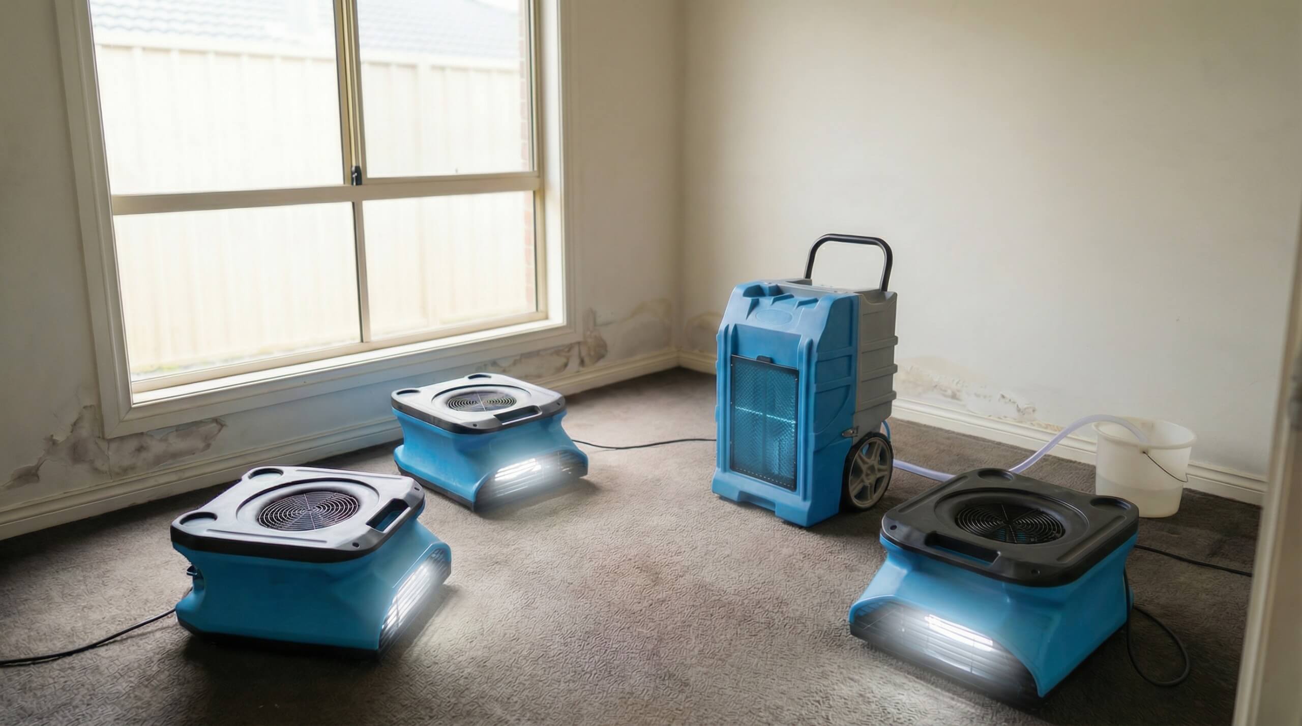 Industrial air movers and dehumidifier drying a residential room after water damage