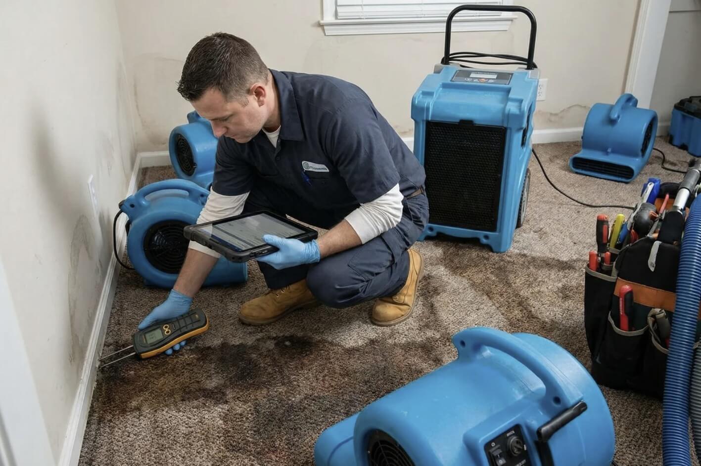Technician inspecting moisture levels in carpet with industrial air movers drying the room