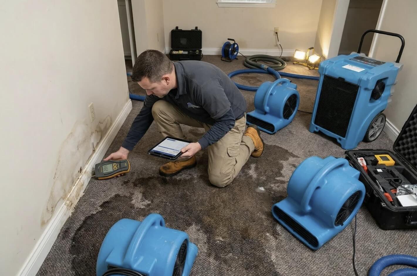 Technician assessing mould and moisture damage on carpet using a moisture meter