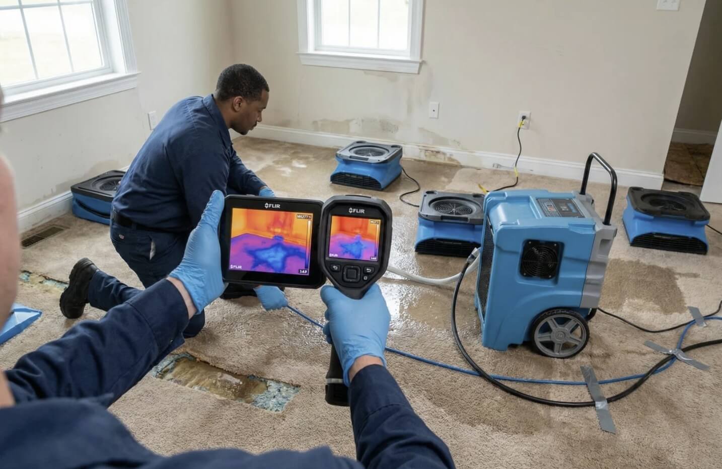 Technicians using thermal imaging to inspect water damage during carpet restoration