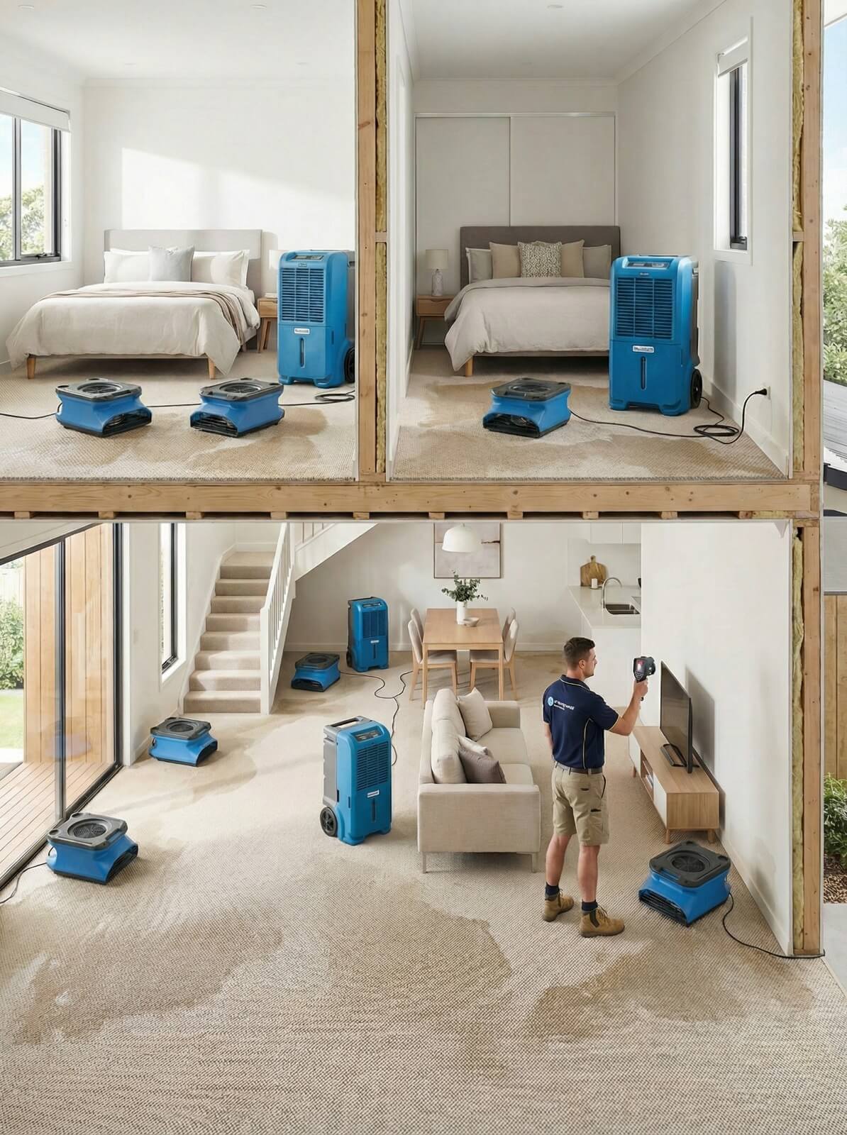 Home interior showing dehumidifiers and air movers during professional water damage drying