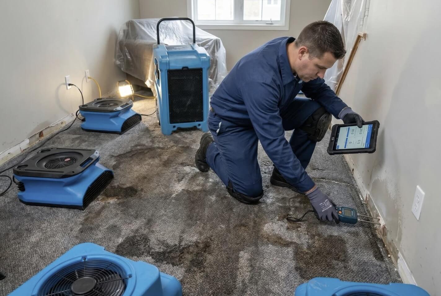 Water damage restoration technician measuring moisture in carpet with drying equipment around the room