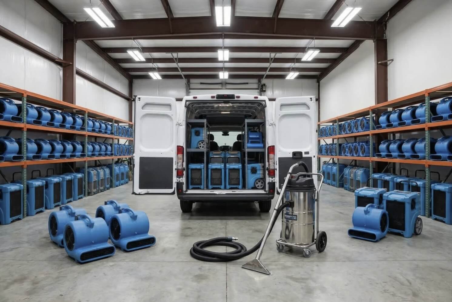 Industrial drying equipment including dehumidifiers and air movers used in water damage restoration