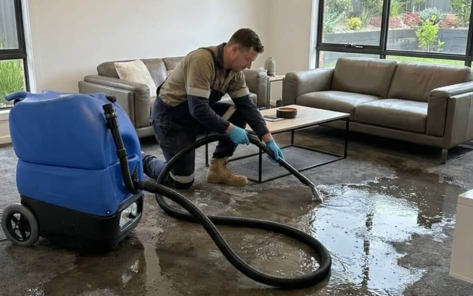 Professional carpet water extraction in a furnished living room using industrial cleaning equipment to remove moisture and prevent mold damage